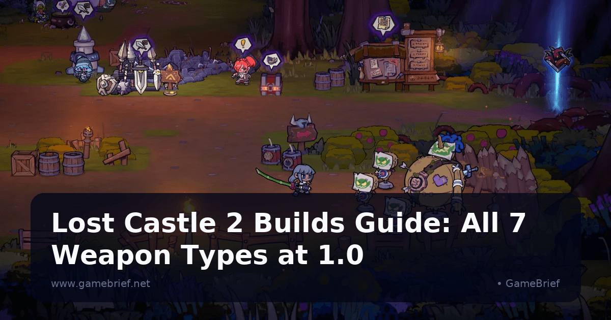 Lost Castle 2 camp area with weapon racks and a quest board, a hero approaching a goblin warband down the path