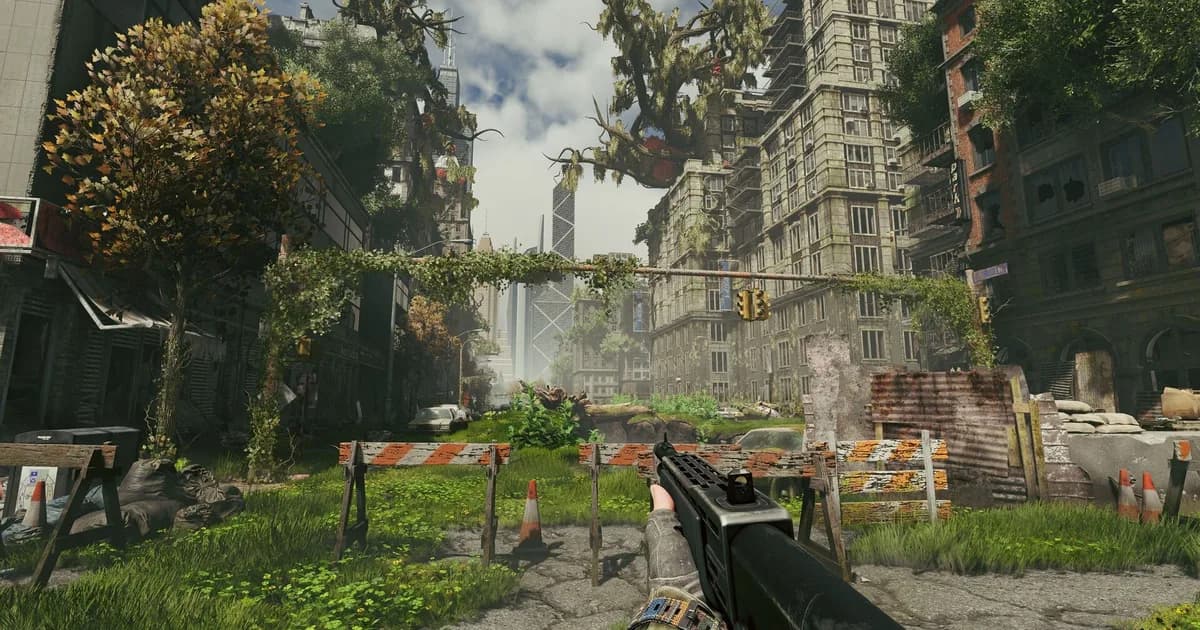 First-person rifle aimed down an overgrown city street with traffic barriers, vine-covered towers and a floating building fragment