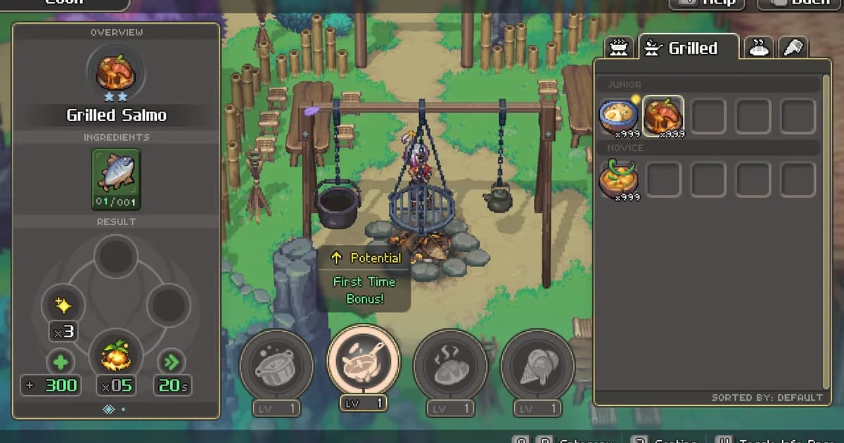 Alabaster Dawn cooking menu showing Grilled Salmo beside a pot