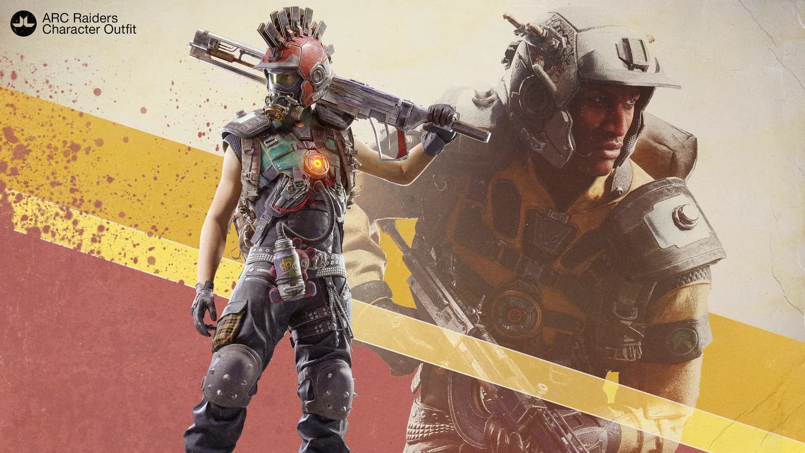 ARC Raiders Noxious outfit: raider in a spiked red helmet and gas mask with a rifle on one shoulder