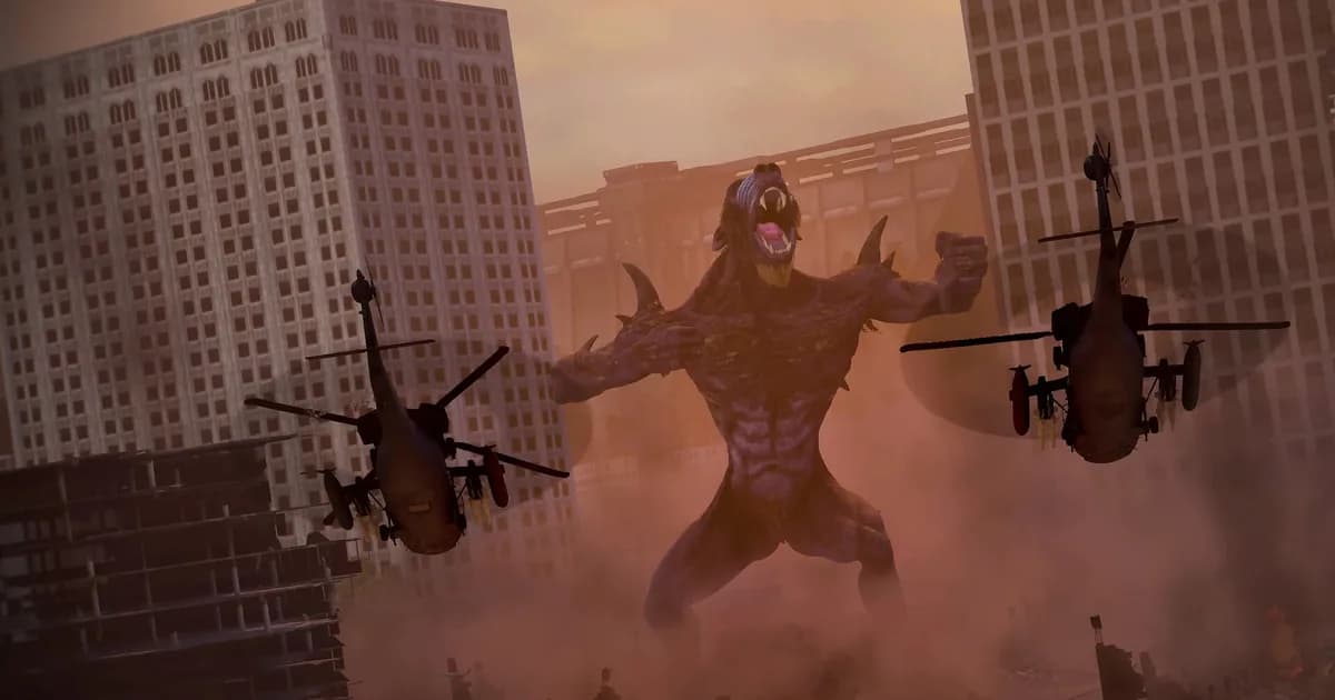 A massive fanged Beast roaring among ruined skyscrapers as military helicopters circle above