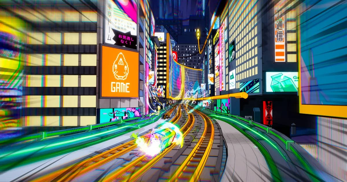 Denshattack train speeding through a neon city rail line with multiple track choices