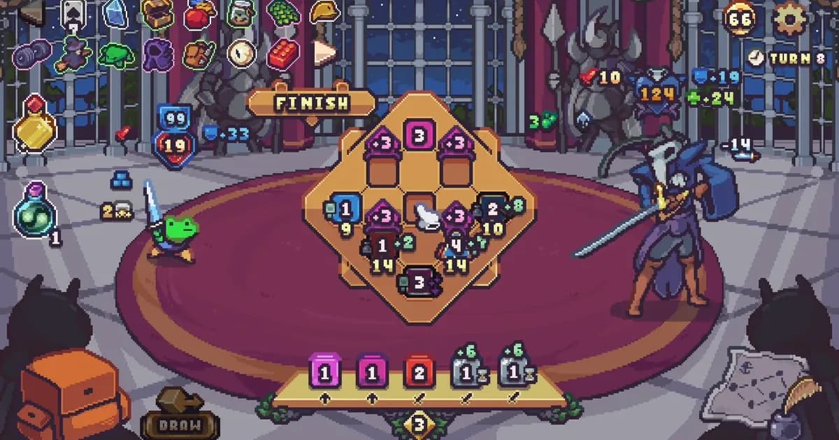 Die in the Dungeon combat screen showing a diamond-shaped die placement grid between a frog warrior and a large boss enemy