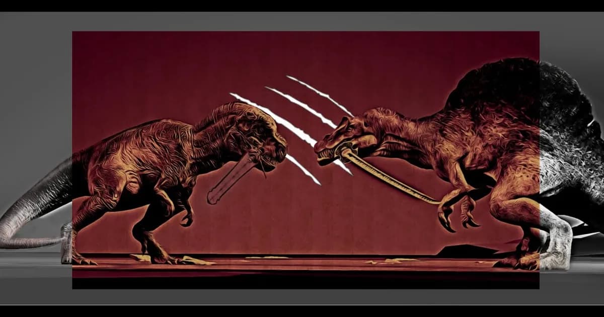 Two sword-wielding dinosaurs face each other in a red Dinoblade combat illustration