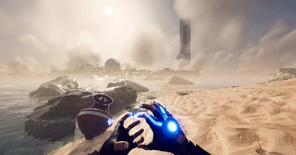 First-person view of glowing blue magnetic gauntlets reaching toward a buoy over a misty coastline with distant monolith structures