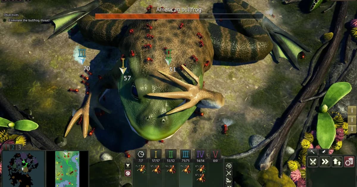 Ant warriors swarm a huge green-and-brown frog on a mossy forest floor while a health bar tracks the fight