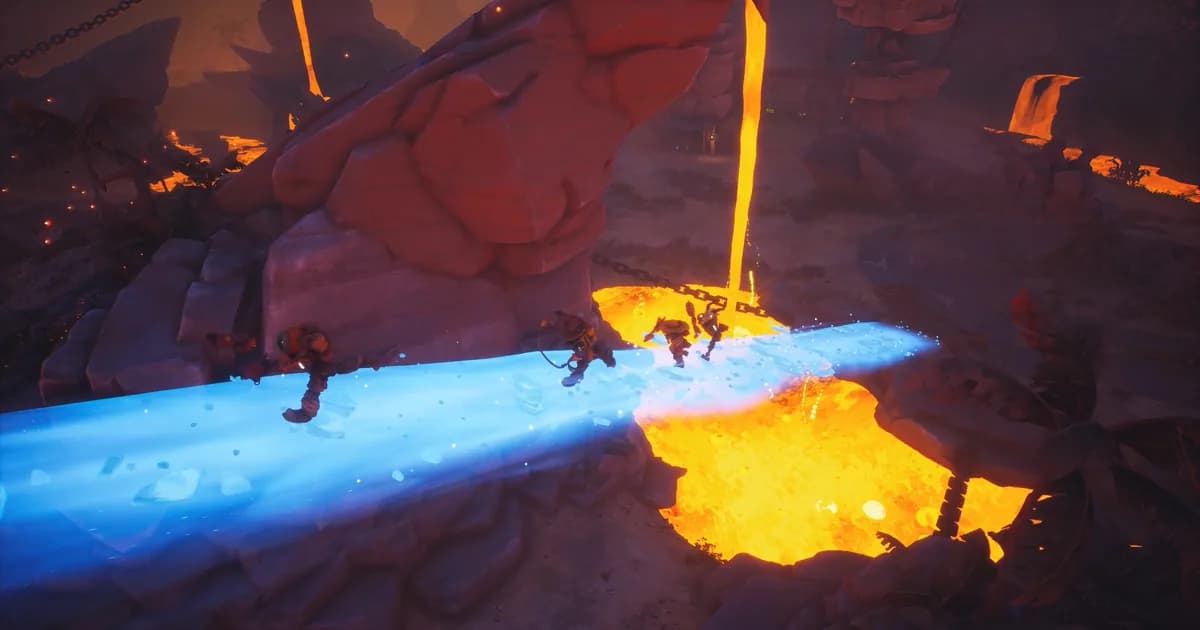 Far Far West robot cowboys running along a blue ice walkway that spans a lava pool in the volcanic Hellfire map