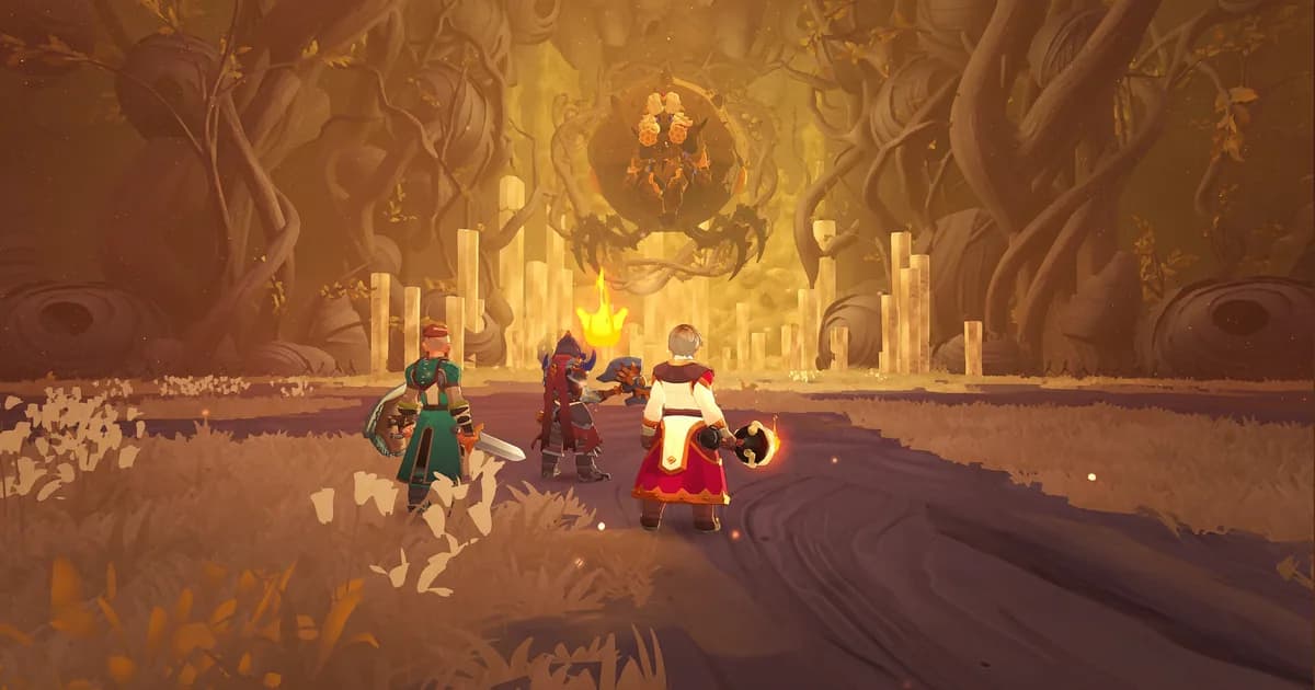 Four Farever adventurers face a towering creature in an amber-lit dungeon cavern
