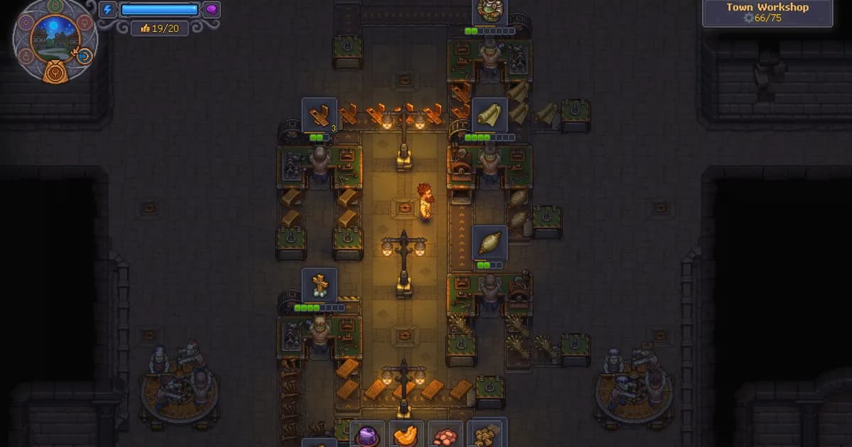 Town Workshop with parallel conveyor lanes, assembly stations, storage, and zombie workers in Graveyard Keeper 2