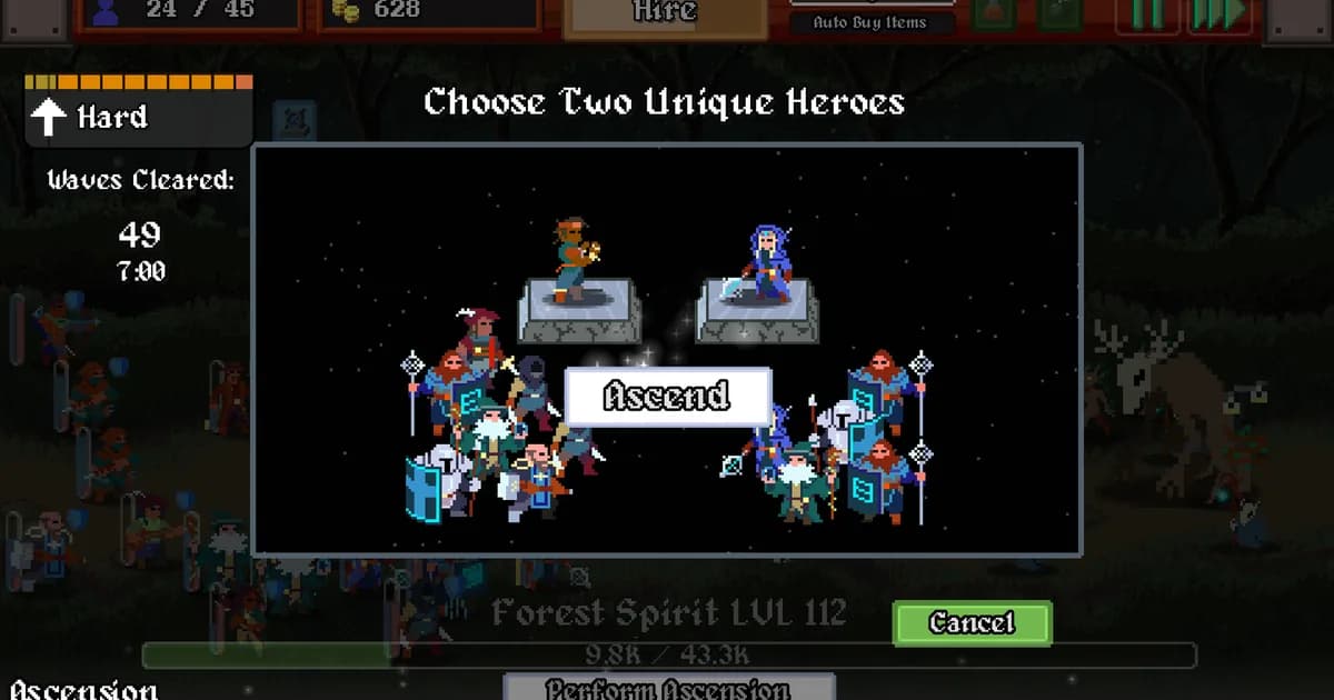 LegionBound Ascension screen titled Choose Two Unique Heroes, with pixel-art hero sprites grouped on two platforms and an Ascend button