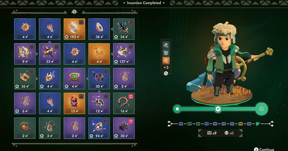 Moonlighter 2 post-incursion loot screen with Will beside a full relic grid and quality values