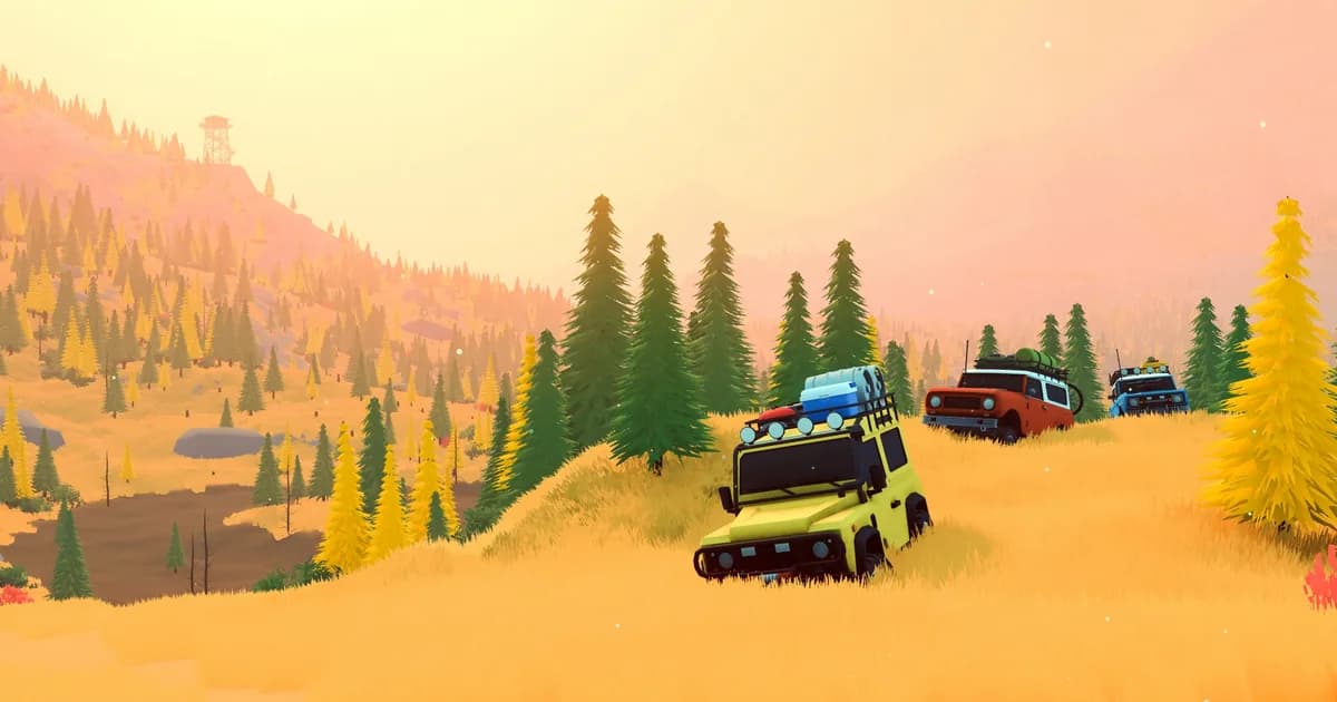 Stylized 4x4 convoy crossing a golden mountain valley beneath warm evening light