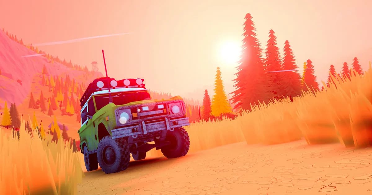 Green 4x4 on a sunlit grassy hillside with tall pines and a low orange sun