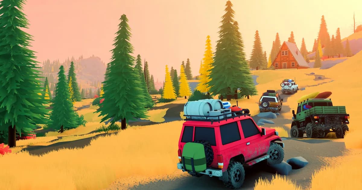 Red off-road vehicle with roof gear leads two 4x4s past pine trees and a cabin
