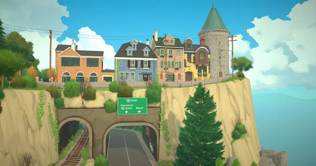 Paralives houses and a stone tower with a green cone roof on a cliff above a road tunnel signed Downtown and Beach