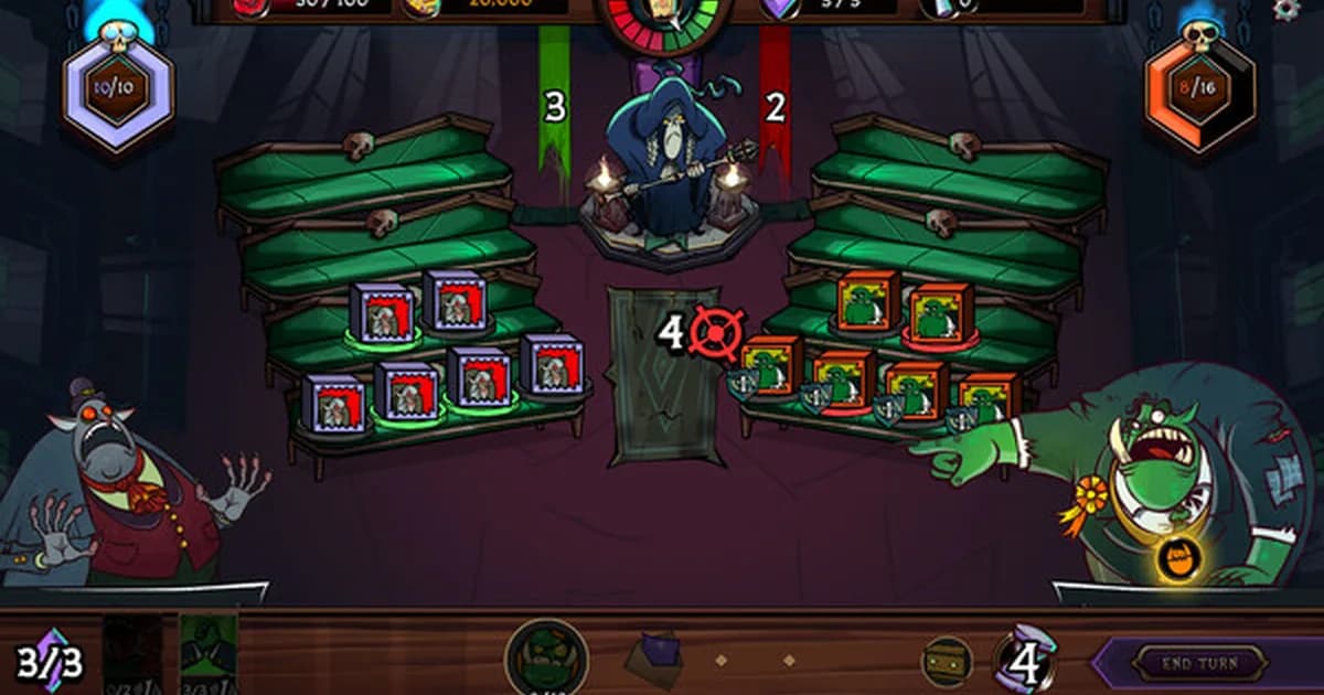 Prime Monster parliament debate screen with a hooded arbiter presiding over two opposing characters, political card hand displayed at the bottom of the screen
