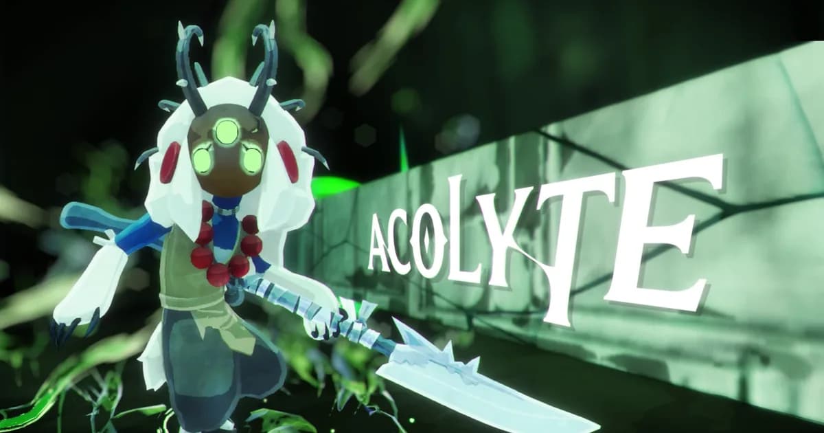 The Acolyte, a horned survivor with a pale mask and glowing green eyes, holding a long glaive beside her name in green-lit ruins