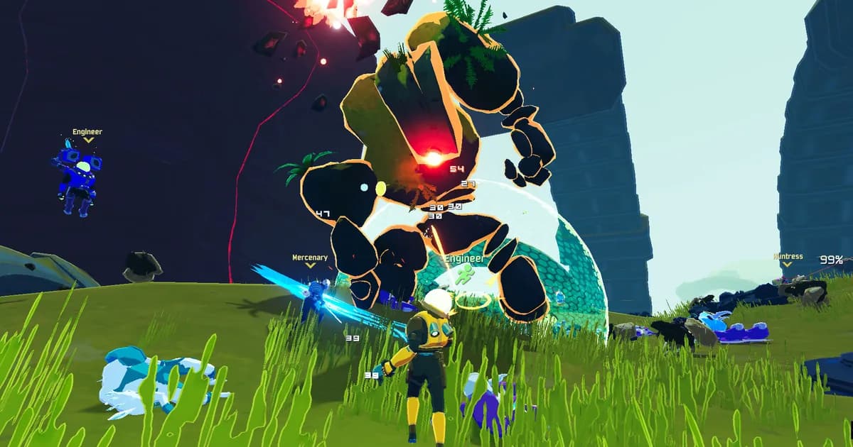 Risk of Rain 2 survivors fighting a massive stone boss above bright green grass and blue sky