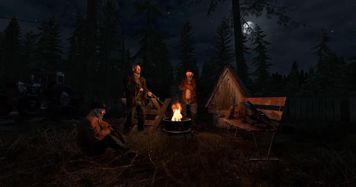 Road to Vostok Nomad characters gathered around a campfire beside a bench and tractor at night