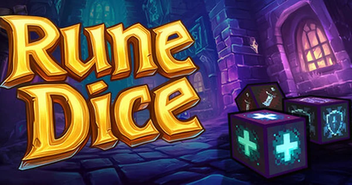 Rune Dice gameplay showing multiple glowing dice being thrown across a dungeon battle grid with enemy icons