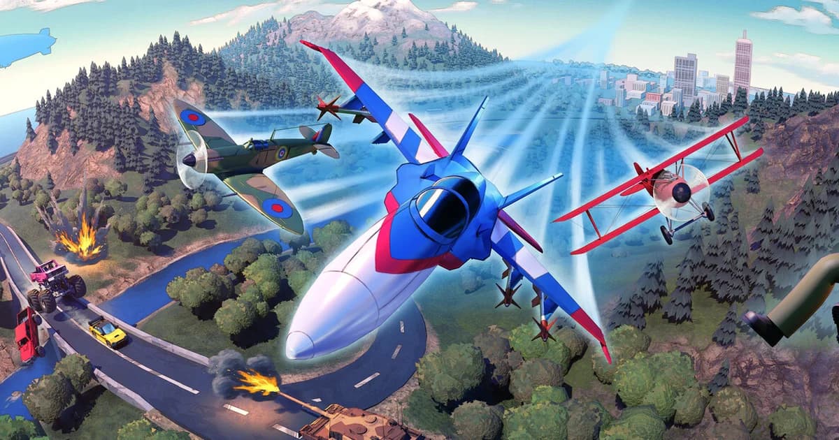 A modern fighter jet flanked by a WWII-style propeller fighter and a red biplane flying in formation over a road with burning vehicles below