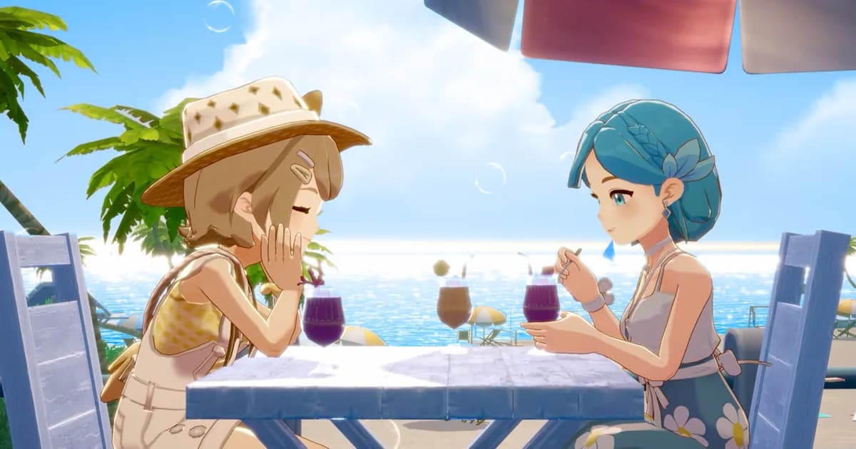 Starsand Island characters share drinks at a beach table, showing two distinct summer outfits beside the sea