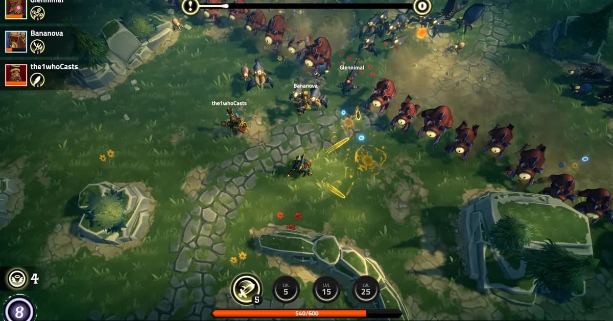 The Spell Brigade four wizard players firing overlapping elemental spells at a dense horde of dark fantasy creatures in top-down view