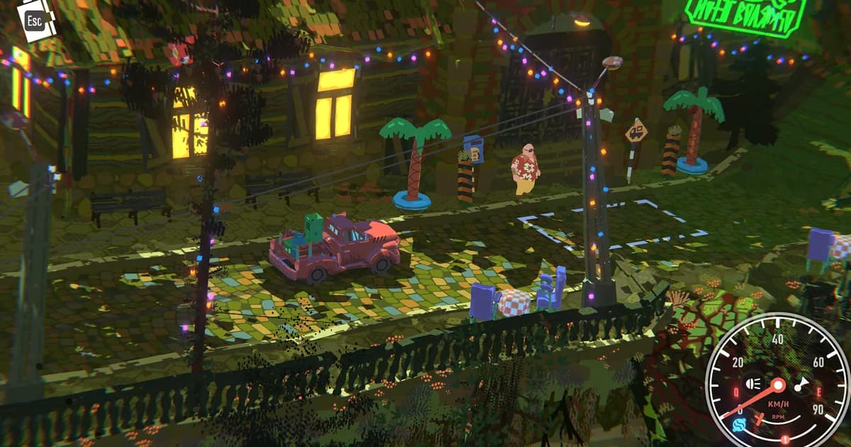 Red pickup truck idling beside a lit village street, palm trees, cargo, and a visible speedometer HUD