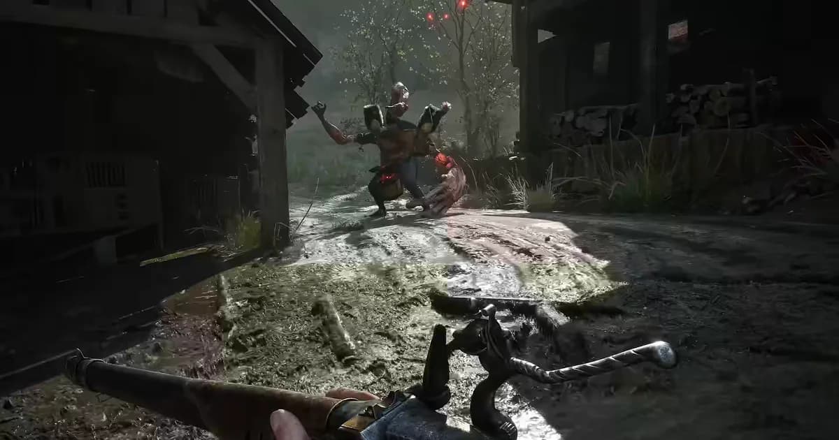 First-person view aiming a rifle at a mutated creature with glowing red eyes in a muddy village lane