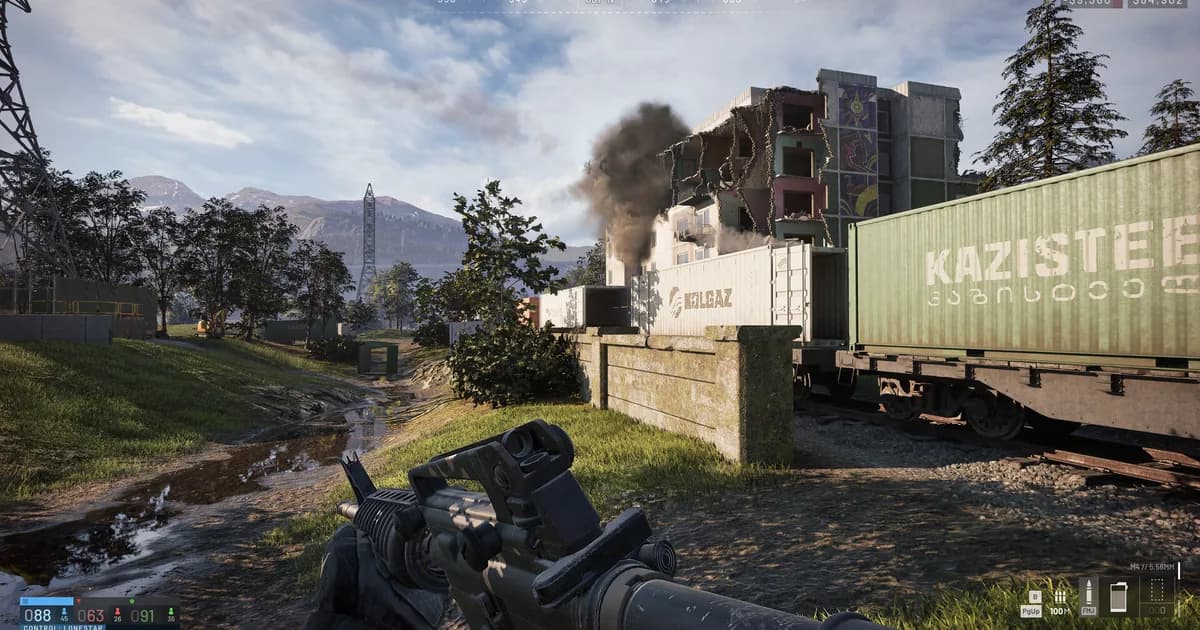 A first-person rifle view shows a partially destroyed apartment building with smoke, branded cargo containers, and a HUD reading a $9,360 loss and $84,902 balance for a Control Zone labeled Lonestar