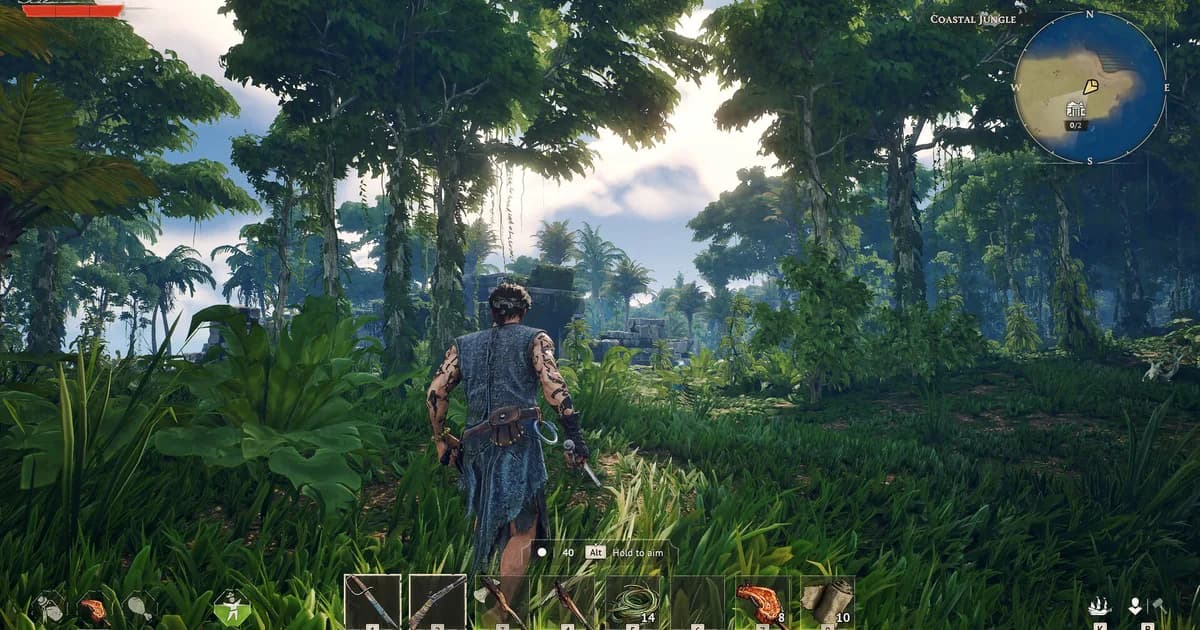 Windrose player exploring the Coastal Jungle on foot, resource hotbar and ancient ruins visible ahead through the trees