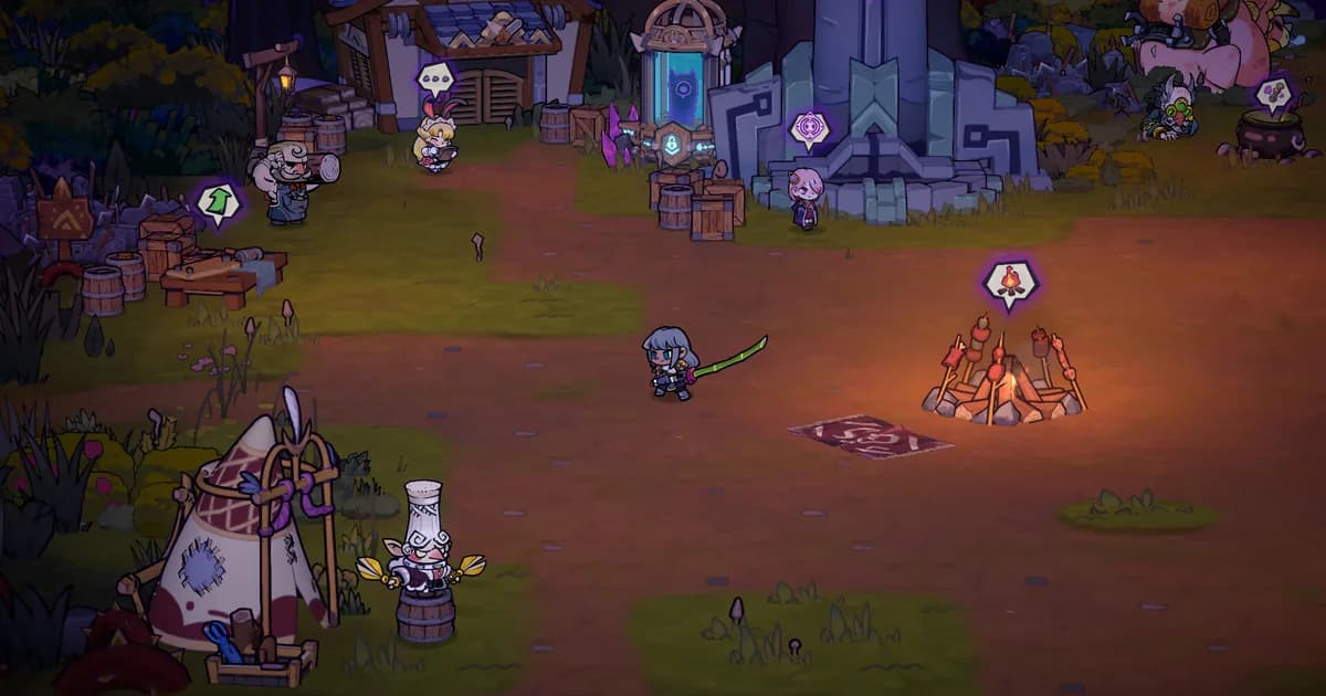 Lost Castle 2 camp with a blue-haired swordswoman, campfire, glowing shrine, tents, and NPC vendors at dusk