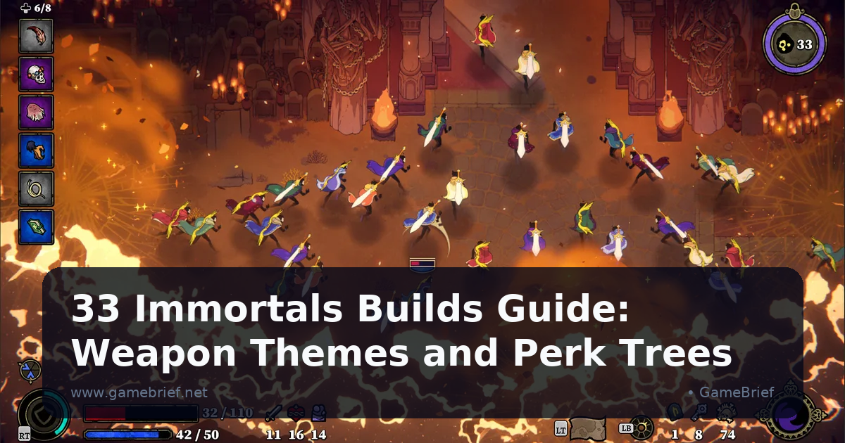 33 Immortals character standing at a perk upgrade screen with weapon selection options visible and Paragon currency shown at bottom