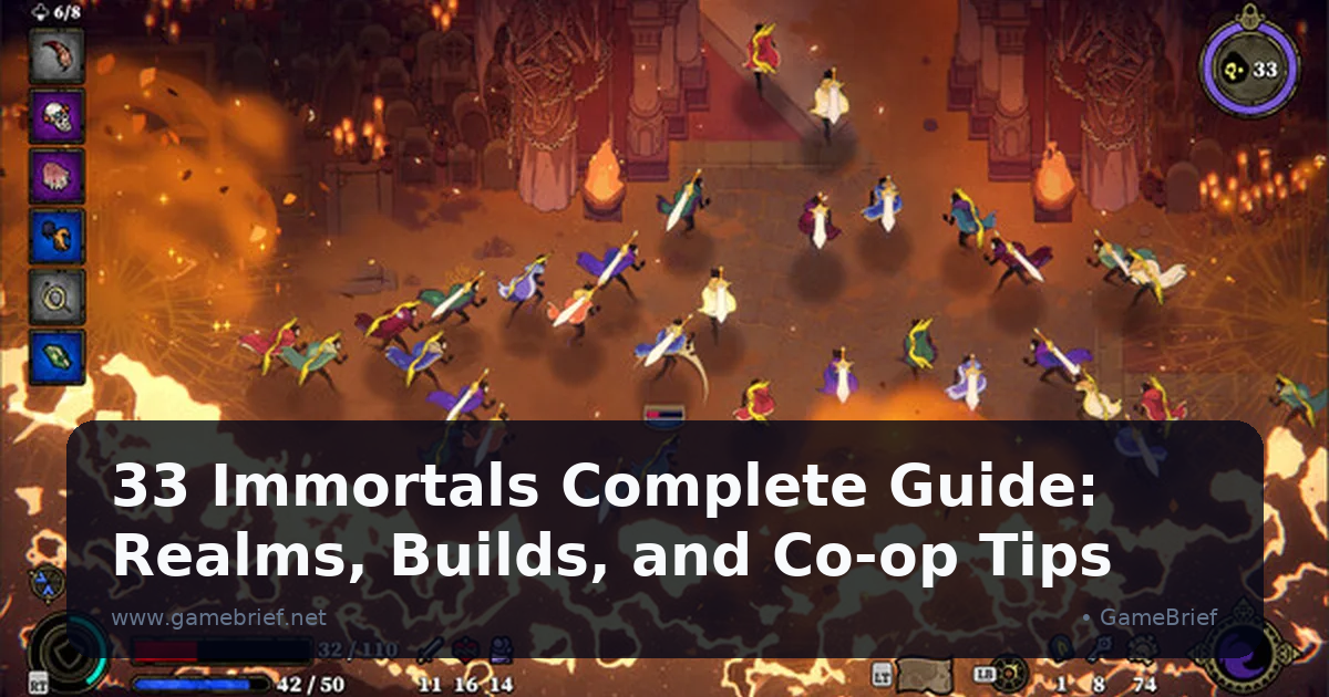 Dozens of caped 33 Immortals players charging across fiery Inferno ground toward stone gate architecture, HUD showing the 33 player counter