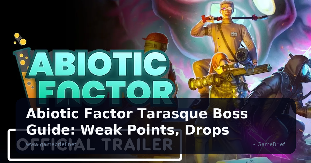 Abiotic Factor official key art showing four survivors in GATE facility uniforms brandishing improvised weapons against a looming creature silhouette