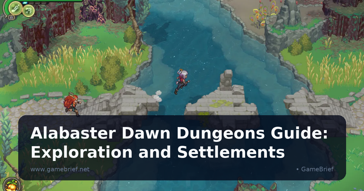 Alabaster Dawn overworld river crossing with two characters jumping across a broken stone bridge amid lush grass and crystal-topped trees