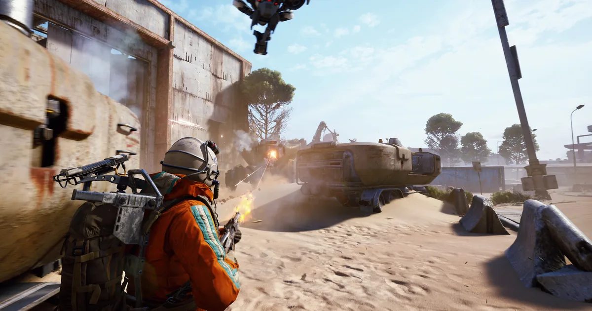 ARC Raiders raider firing in a sandy desert ruin with a small flying ARC drone hovering overhead near a tracked machine