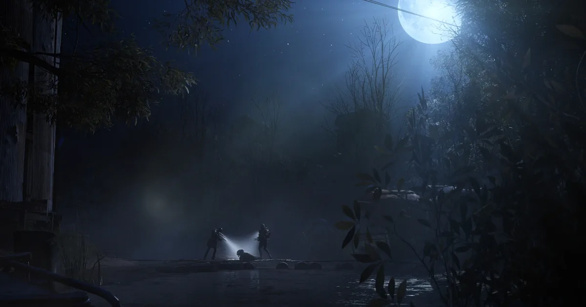 Two ARC Raiders cross a wooden walkway over dark water at night, flashlights cutting through fog under a full moon