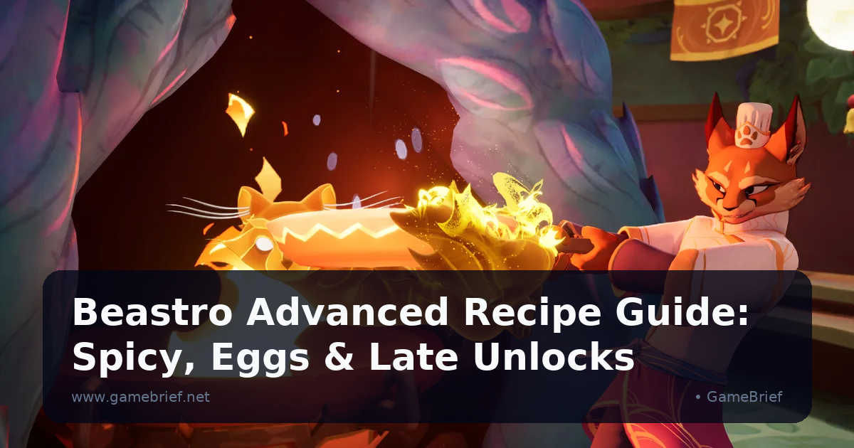 Beastro cooking interface showing ingredient placement on a mise en place grid with colorful Spicy-tier ingredients and egg cards arranged in a combat deck