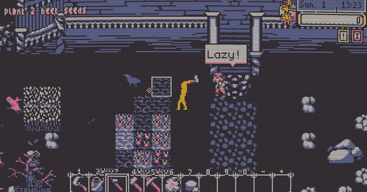 Besmirch pixel art character mining rock nodes in a quarry, with a 'Plant 2 Beet Seeds' task prompt and a 'Lazy!' speech bubble on screen