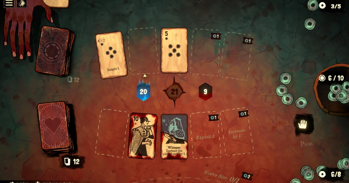Black Jacket blackjack table with a clawed demonic hand top-left, Insight and Whisper effect cards in play, hand totals and Soul coin counts shown