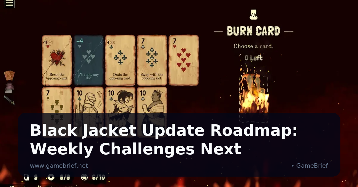 Black Jacket's Burn Card selection screen showing a hand of suit cards labeled with their abilities against a fiery hellish background