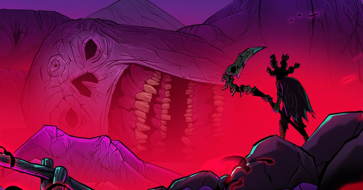 Blighted protagonist facing a skeletal horse-spider boss in a desolate western landscape with psychedelic hues