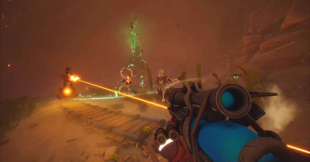 Far Far West first-person view firing crackling lightning bolts into skeletal enemies along a desert rail line