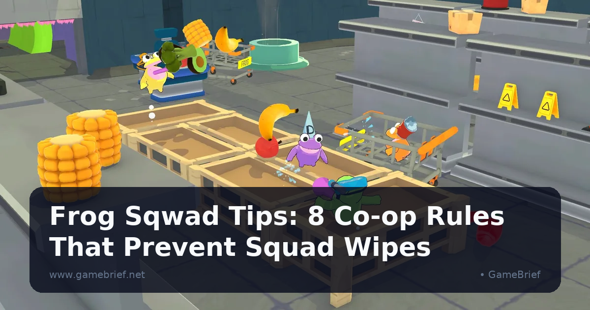 Four colorful frogs looting oversized corn and bananas from warehouse crates in Frog Sqwad's bright industrial sewer level
