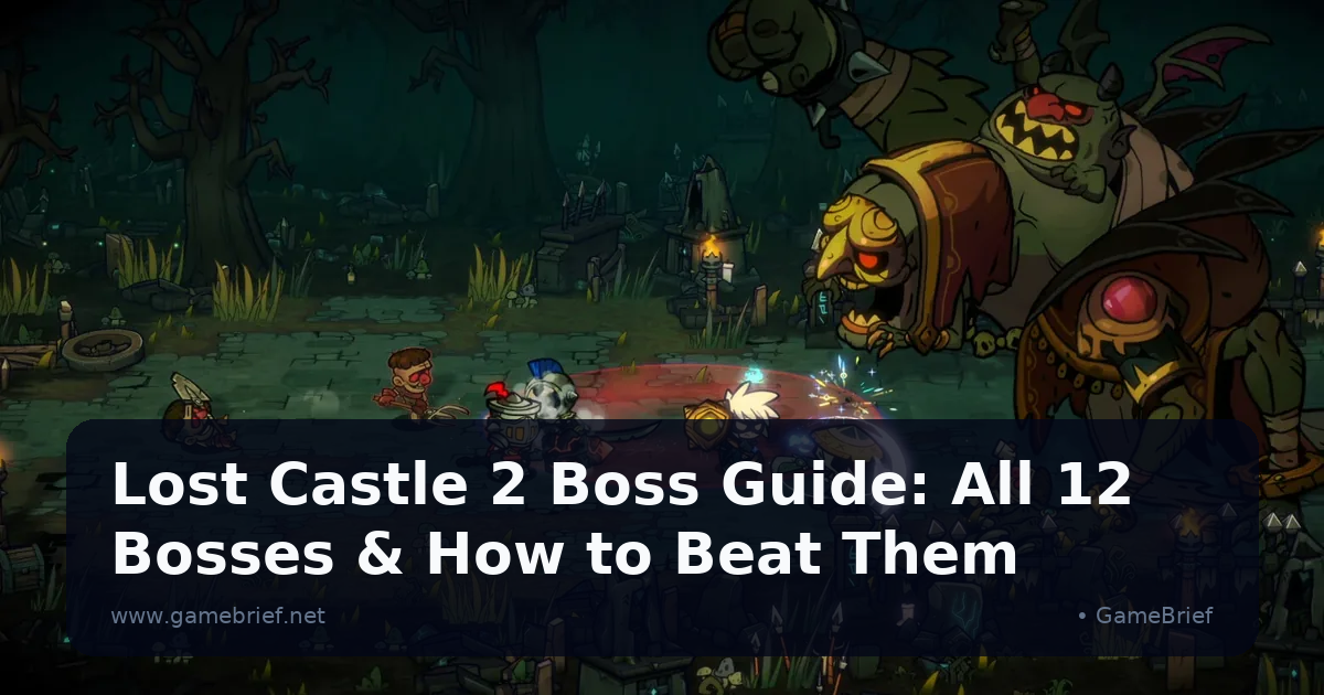 Lost Castle 2 heroes fighting a hulking masked ogre boss in a torch-lit graveyard, a red attack circle flaring under the party