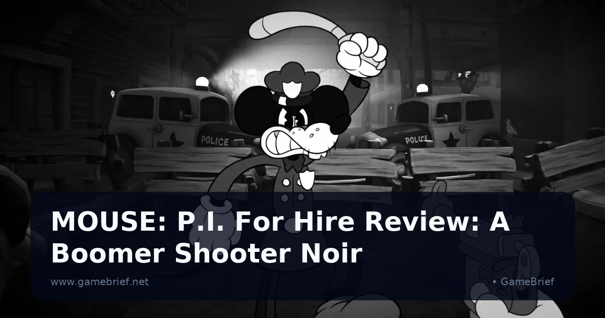 First-person view aiming a revolver at a menacing rat-faced police officer character in black-and-white 1930s rubber-hose art style, with police vans and wooden barricades in the background