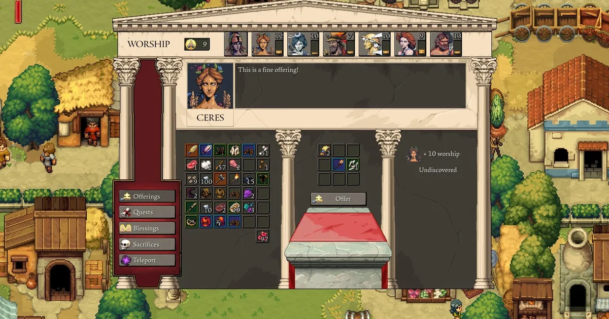 Romestead altar with Roman deity shrine glowing as a player makes an offering in the settlement at night