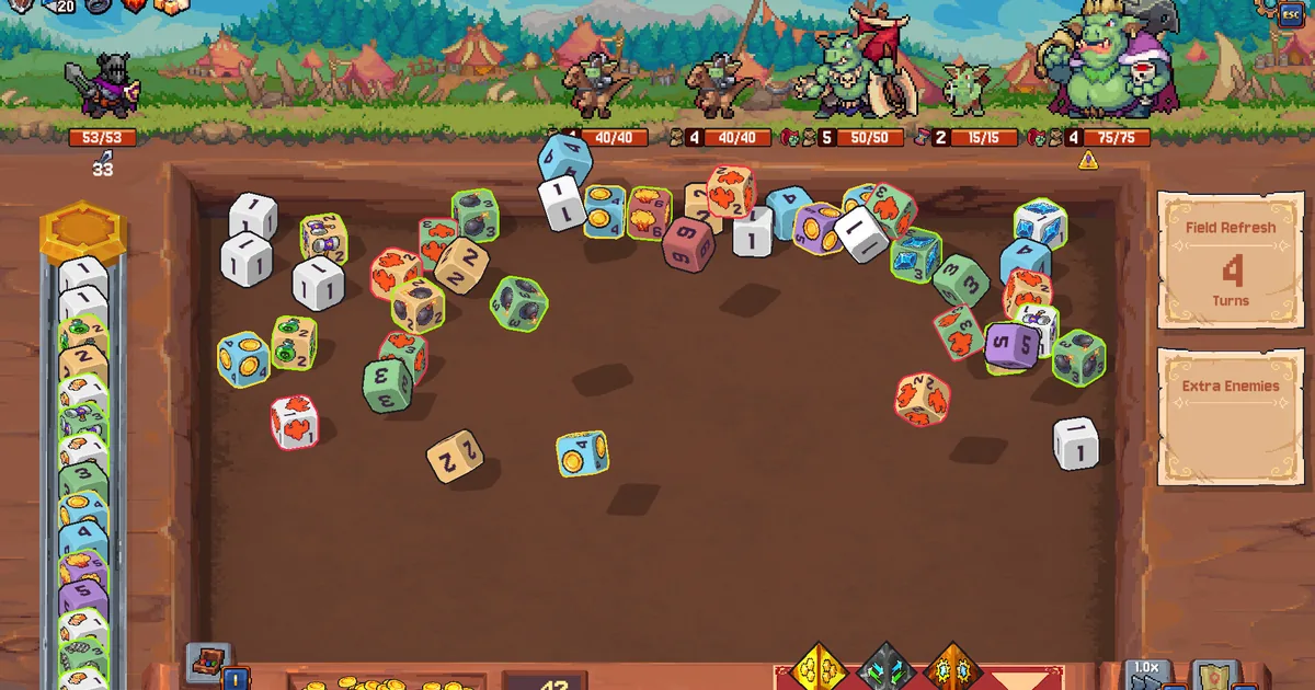 Rune Dice battle board filled with colorful thrown dice arranged in an arc, enemy lineup along the top and a Field Refresh counter on the right