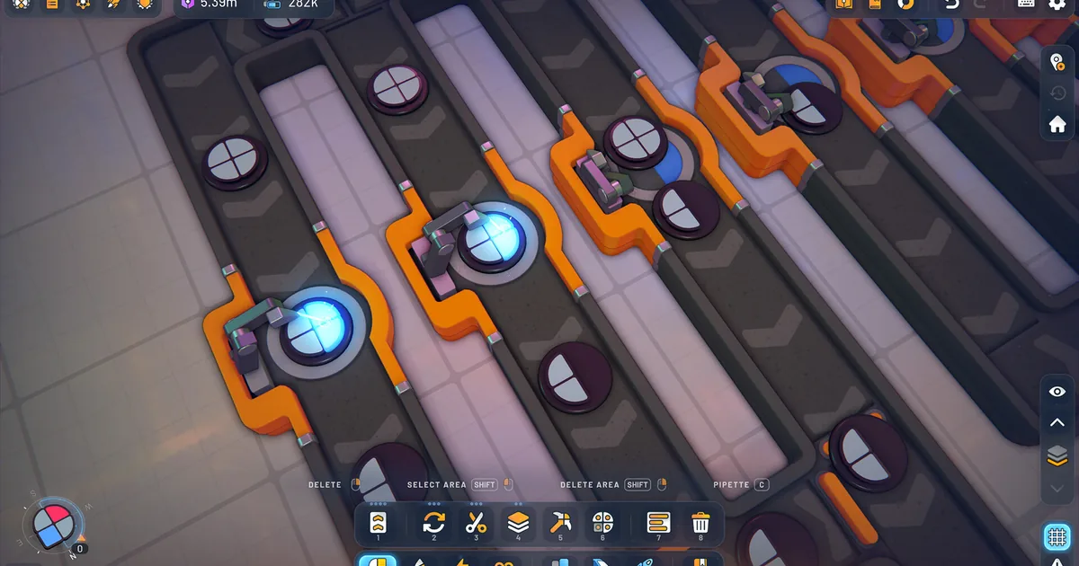 Shapez 2 close-up of parallel belt lines feeding shape processors, glowing blue stations and half-cut circle shapes moving along the belts